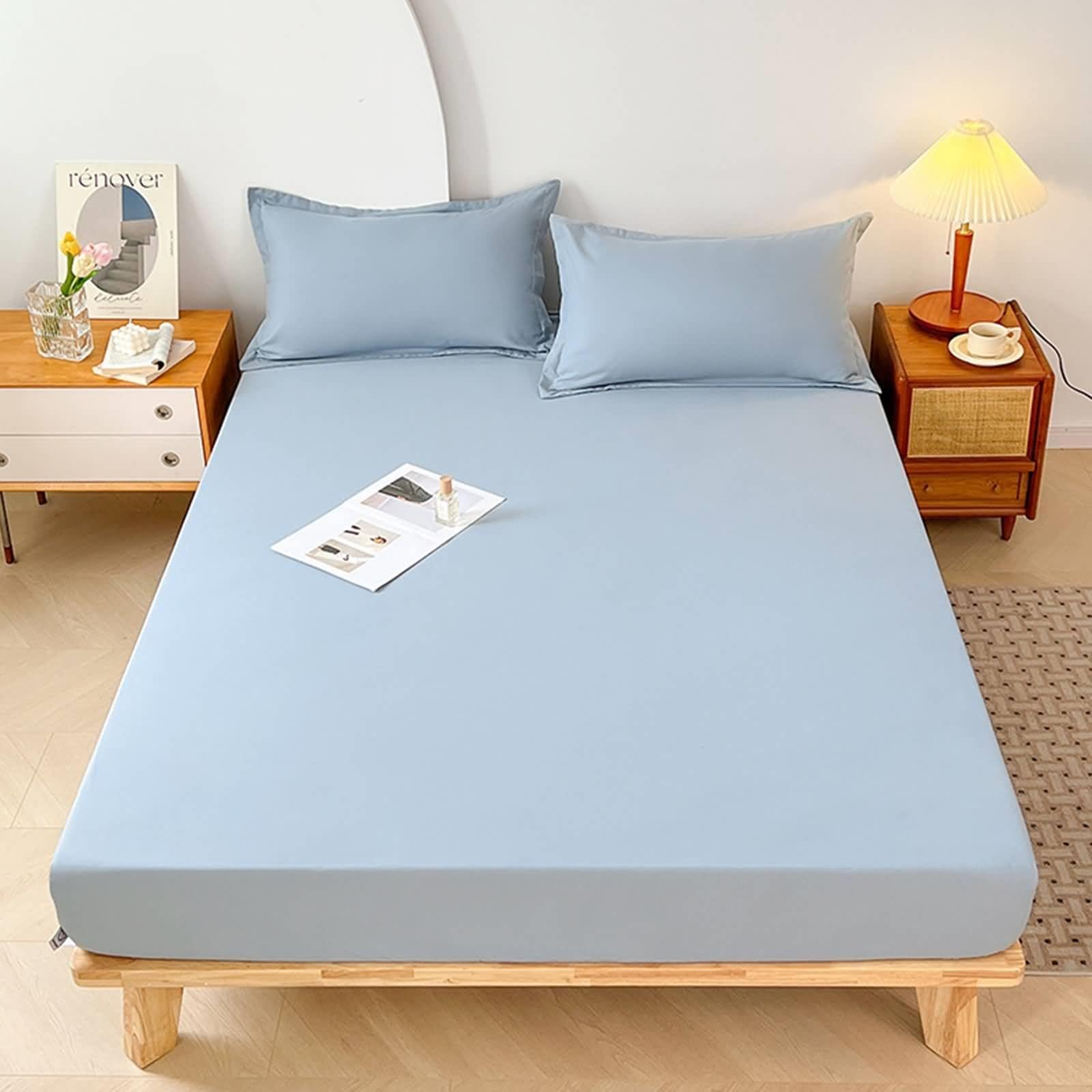 Drap housse 120x200cm drap lit protege matelas gris bleu uni polyester