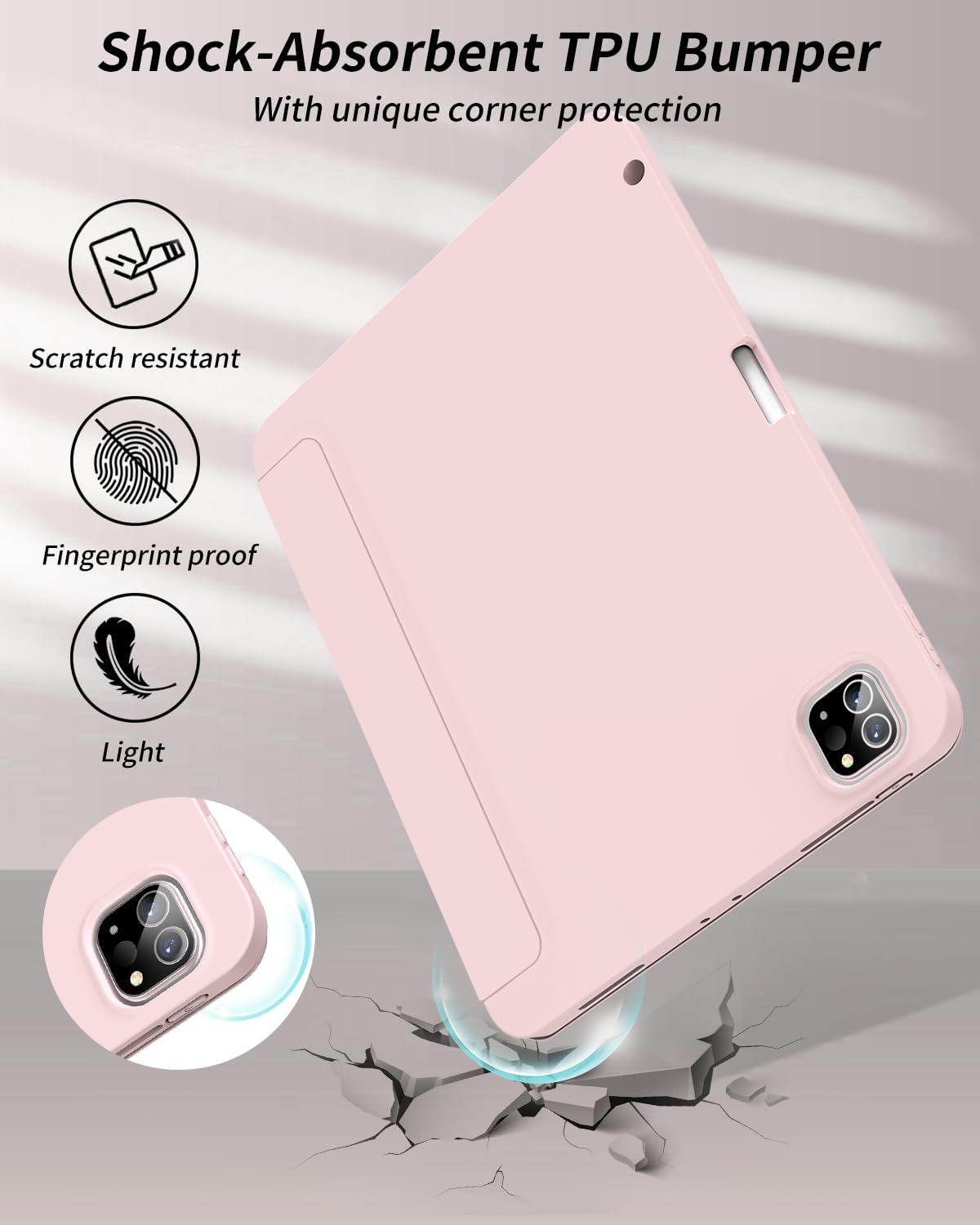 New Case for iPad Pro 12.9 inch 6th/5th/4th Generation 2022/2021/2020 with Pencil Holder, Smart Stand Case with Soft TPU Back Cover for iPad Air 13 inch 2024, Auto Sleep/Wake, Pink - Image 5