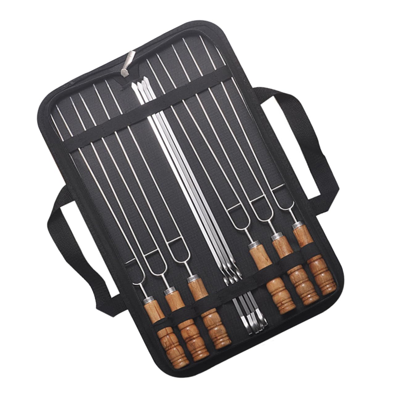 Brochetas de Acero Inoxidable 10 Piezas con Mango de Madera | Bolsa de Almacenamiento Incluida, Acabado Negro, Aptas para Cena Familiar y Uso al Aire Libre