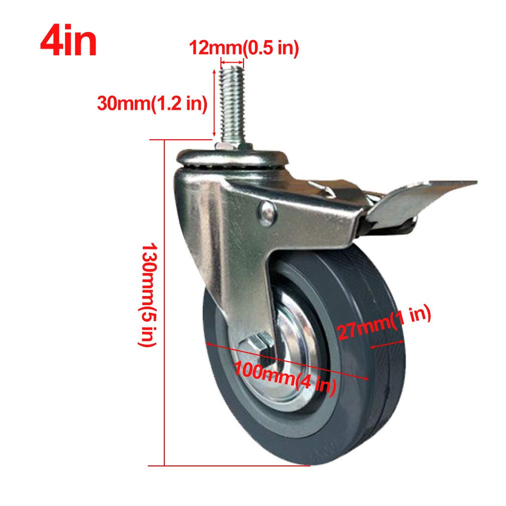 Kółka obrotowe z hamulcem gumowym, Zestaw 4 kółek samonastawnych z gwintowanym trzpieniem M12 i 3-calowym oraz 4-calowym hamulcem blokującym(Swivel+brake,4in-M12)