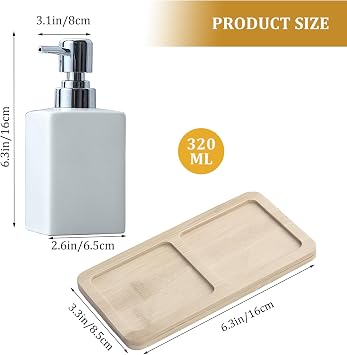 White Ceramic Bathroom Set with Wood Tray | Includes 320ml Soap Dispenser & Tumbler | Luxury Bathroom Accessories & Decor