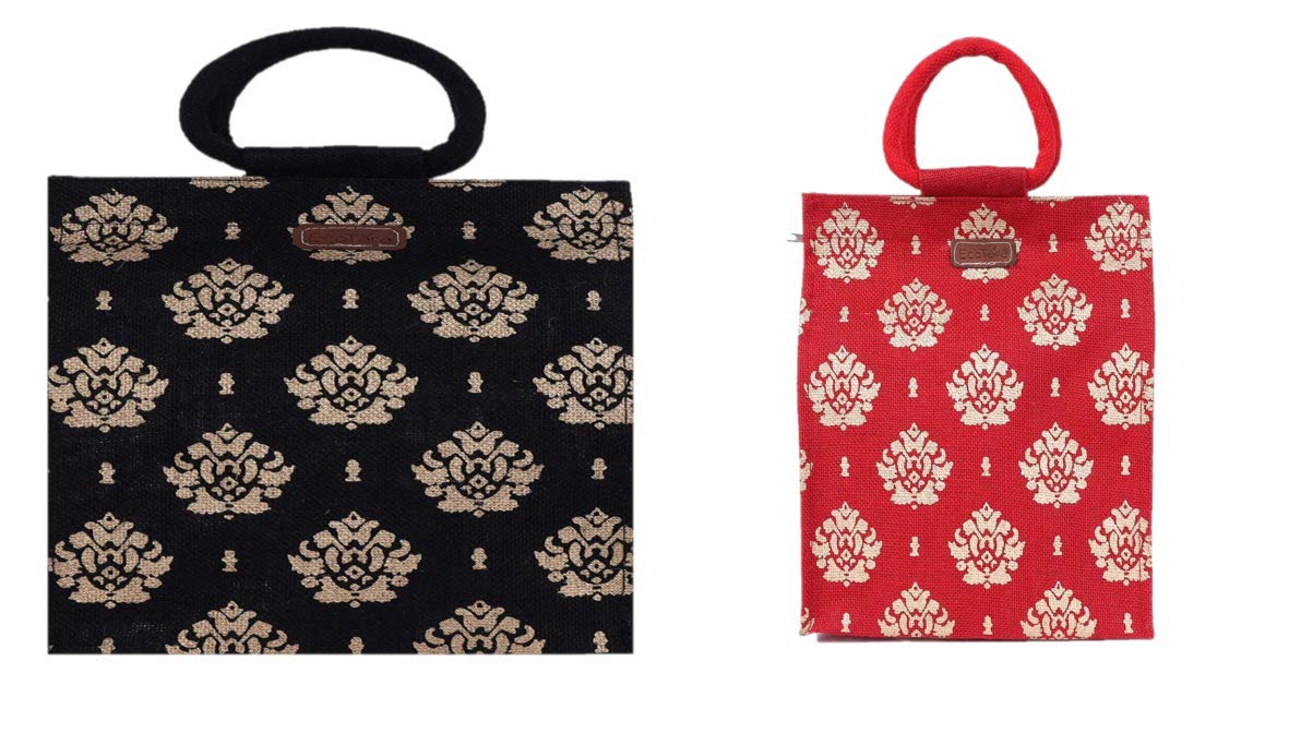 ECOTARA Gold Natural Jute Shopping Bag & Lunch Bag 2 pcs COMBO pack - Black Large & Red Small