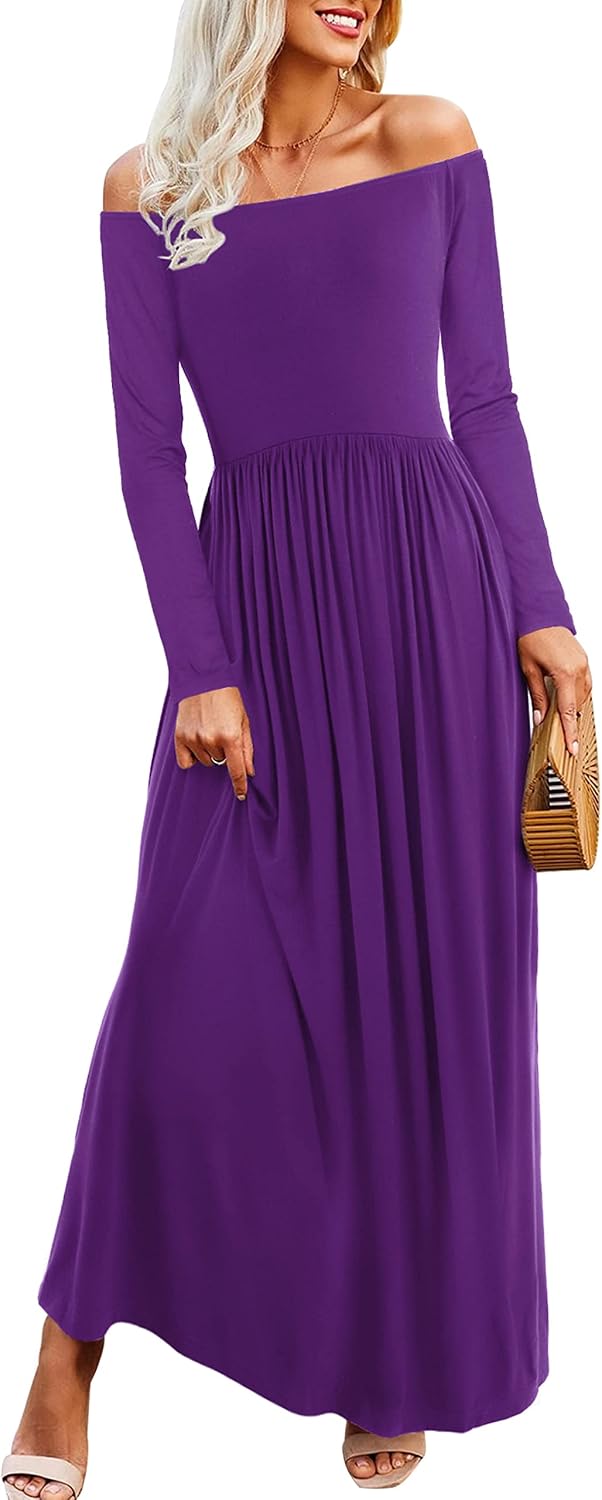 Amoretu Dresses for Women Long Sleeve Off Shoulder Maxi Flowy Casual Loose Plain Dress with Pockets