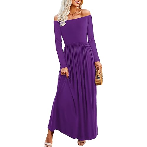 Amoretu Womens Casual Short/Long Sleeve Off Shoulder Beach Long Maxi Dress with Pocket