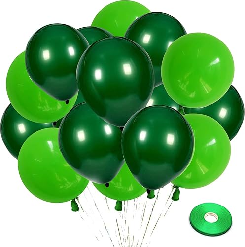 Zesliwy Globos de látex verde para fiesta, 100 globos de color verde oscuro de 12 pulgadas y globos verde claro con cinta verde para fiesta temática