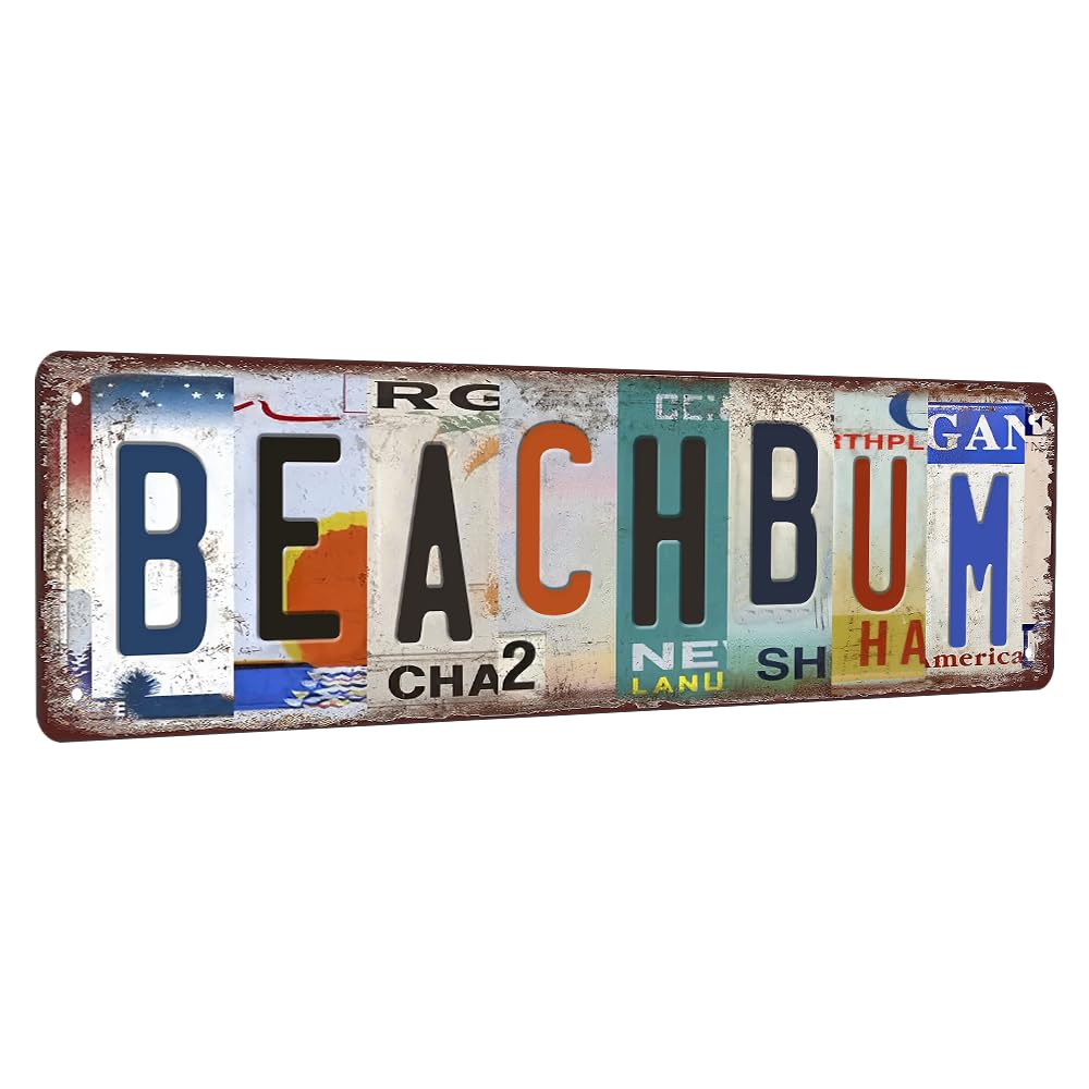Peiyeety A002 Vintage Metal Tin Sign Beach Bum Vintage Sign, Retro Wall Decor For Home, Bar, Garage, Cafe, Man Cave, Beach House, Travel Room, Rustic Wall Art For Indoor And Outdoor Decoration, 4X16 Inch