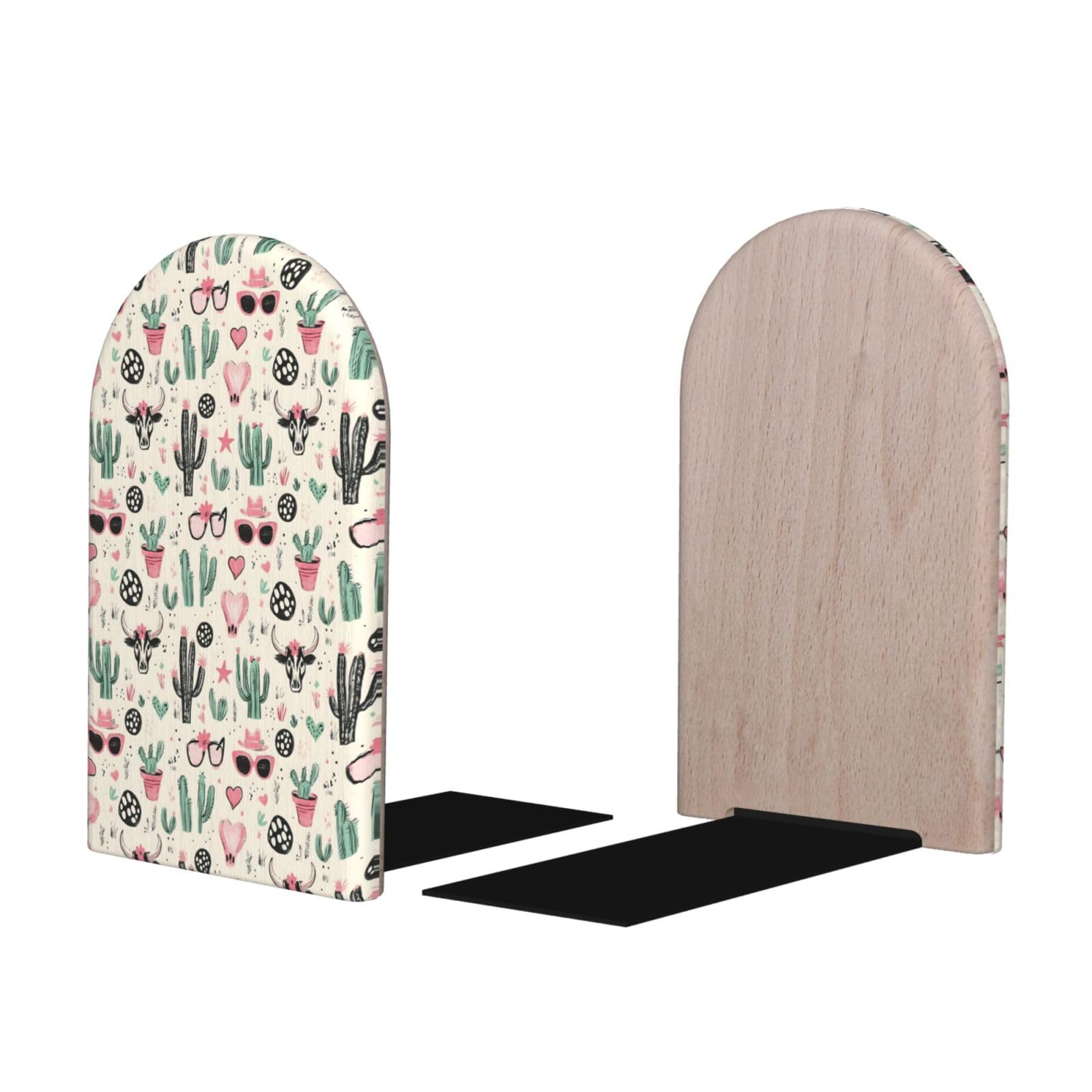 Western Cactus 1 Print BookEnds 1 Pair, Decorative Bookends for Heavy Books, Wood Book Ends for Shelves, Book Organizer for Home Desk Office Supplies