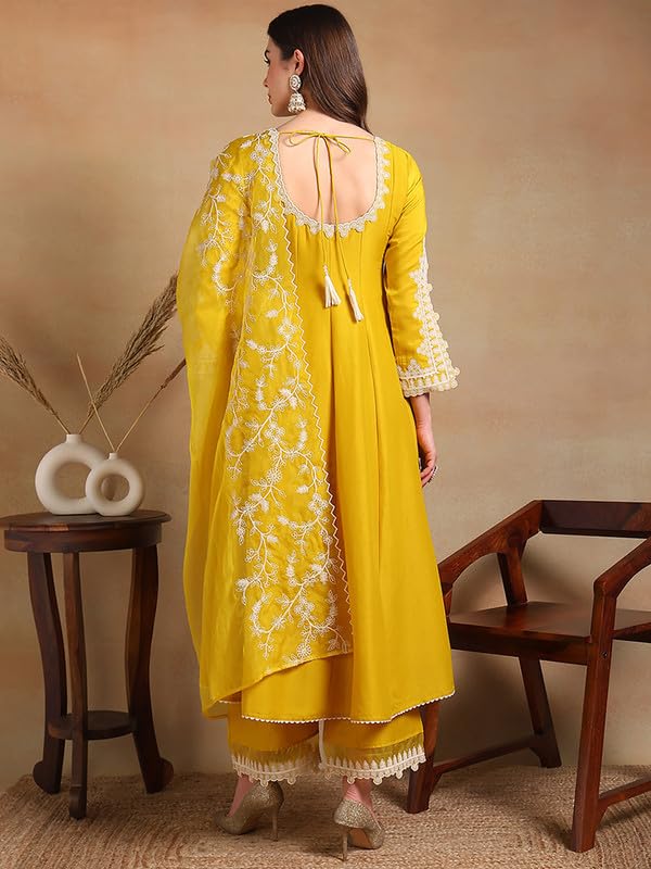 Image of Vaamsi Women's Silk Blend Solid Embroidered Anarkali Kurta Pant with Dupatta Set With Cotton Inner