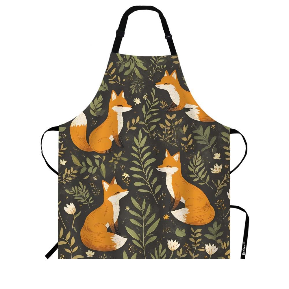Beabes Fox Tales Apron Cartoon Wildlife Playing Flowers Plants Leaf in Forest Glade Bib Apron for Home Kitchen Cooking Baking BBQ Chef Waitress with Adjustable Neck 27"x31"