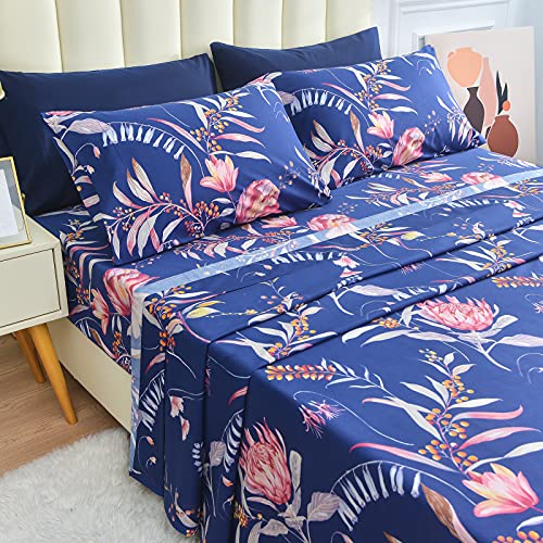 Image of JSD Navy Blue Tropical Floral Printed Sheet Set Twin Size | 3 Piece Soft Botanical Microfiber Sheets, 16 inch Extra Deep Pocket, OEKO-TEX Certified, Easy Care