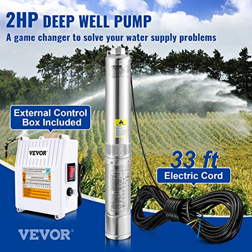 Vevor WZ-PUMP 2HP/37GPM/427FT Deep Well Submersible Pump, 2Hp 230V/60Hz, 37Gpm 427 Ft Head, With 33 Ft Cord & External Control Box, 4 Inch Stainless Steel Water Pumps thumb #1
