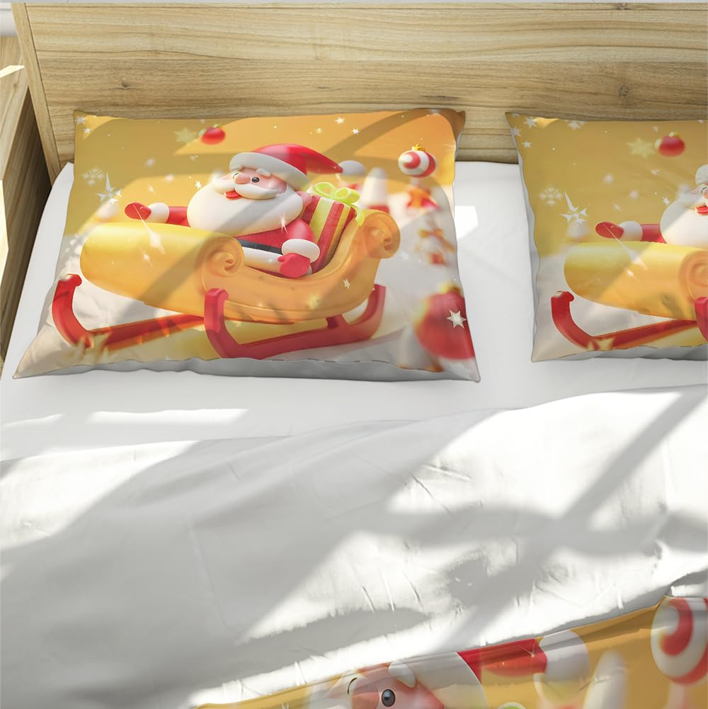 Funda edredón Navidad Santa Claus Pattern Soft Bedding Set Cartoon Theme Yellow Comforter Cover with Zipper para decoración Dormitorio guardería 160x200cm