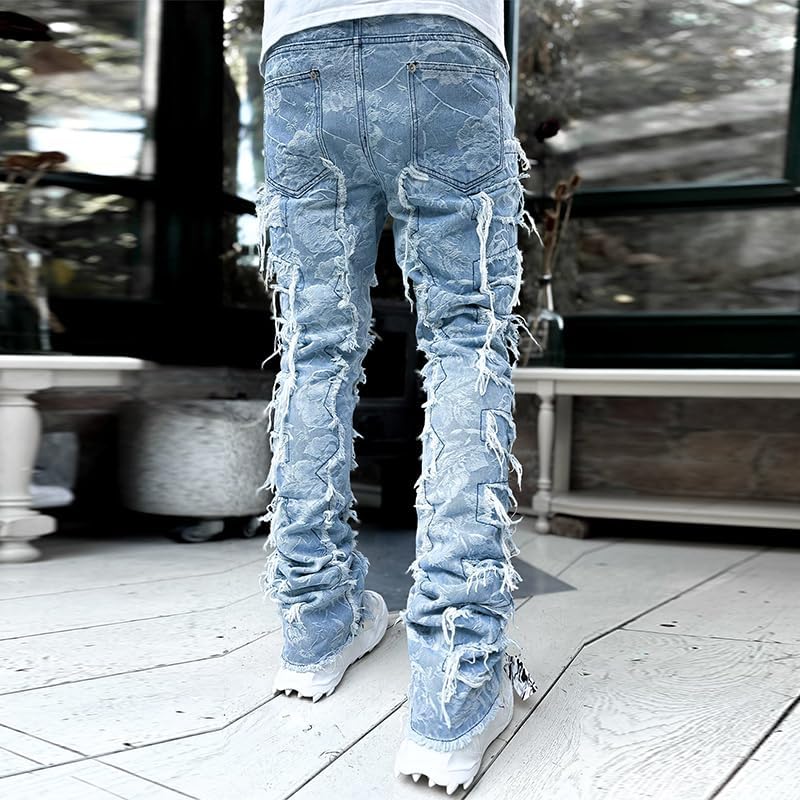 Mens Stacked Jeans Slim Fit Ripped Skinny Stretch Jeans Distressed Straight Denim Pants Hip Hop Trousers Streetwear - Image 5