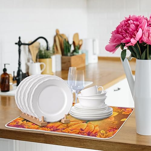 Miniatura 8 de Tapete de secado de platos de calabazas de girasol otoñal para encimera de cocina, 18 x 24 pulgadas, de microfibra, absorbente, antideslizante,