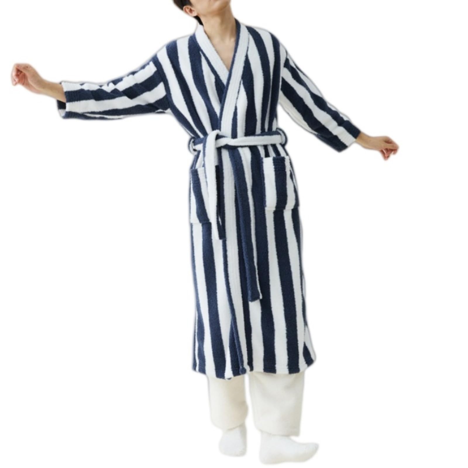 Kimono da uomo in spugna, a righe, soffice, con tasche, per la casa