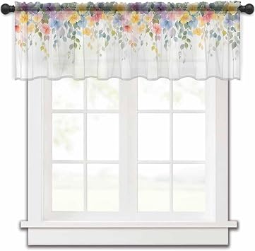 Sheer Valances Curtains for Kitchen Windows, Watercolor Wildflowers Window Valances, Pastoral Spring Summer Sheer Window Treatment Rod Pocket Valances for Kitchen/Bedroom/Bathroom 54x18 inch