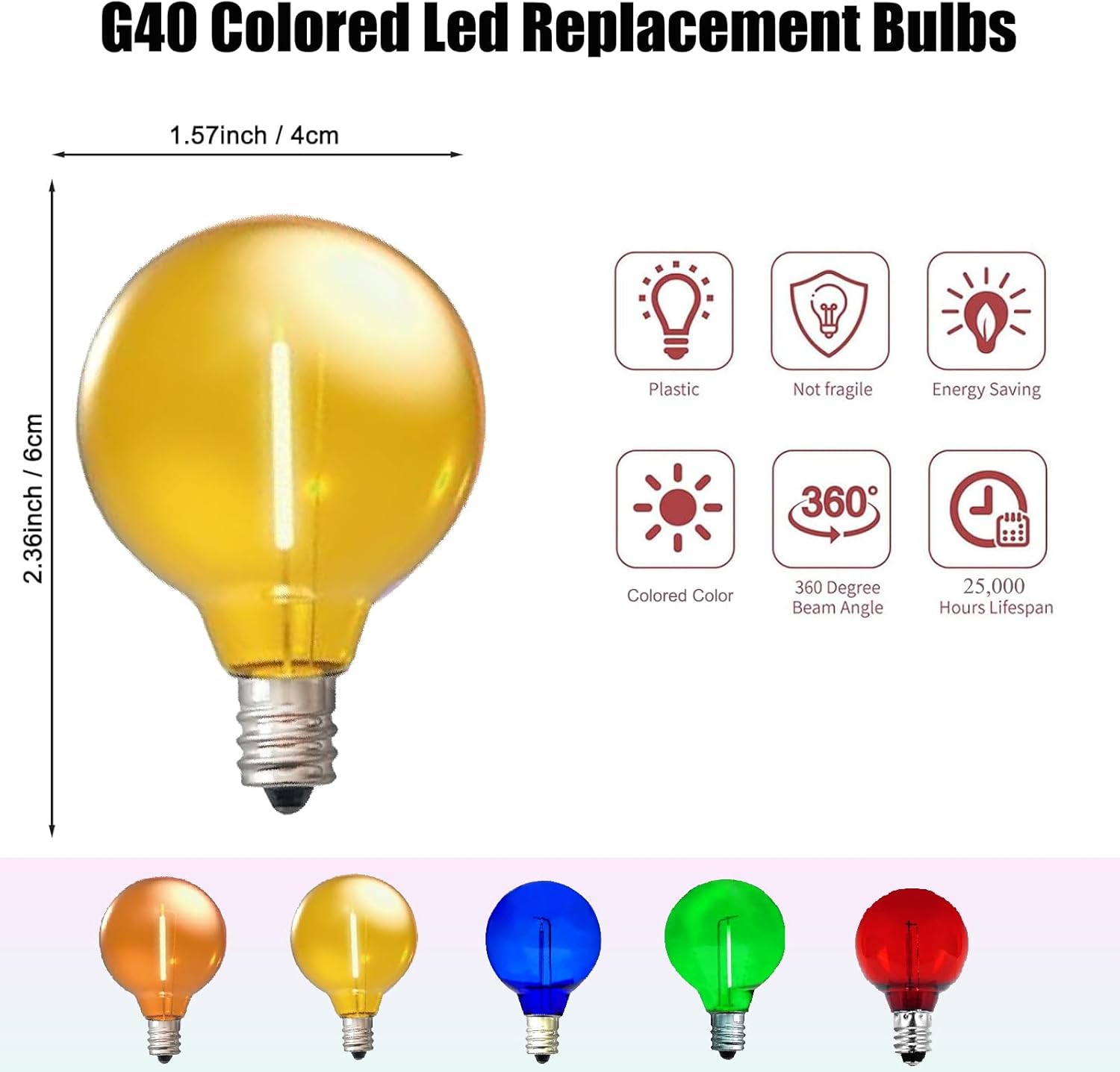 5 Pack Yellow G40 LED Christmas Replacement Light Bulbs, 1 Watt E12/C7 Candelabra Base Plastic Shatterproof LED Bulbs
