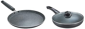 Prestige Omega Deluxe Granite Omni Tawa, Black,250mm and Omega Deluxe Granite Fry Pan, 240mm, Black