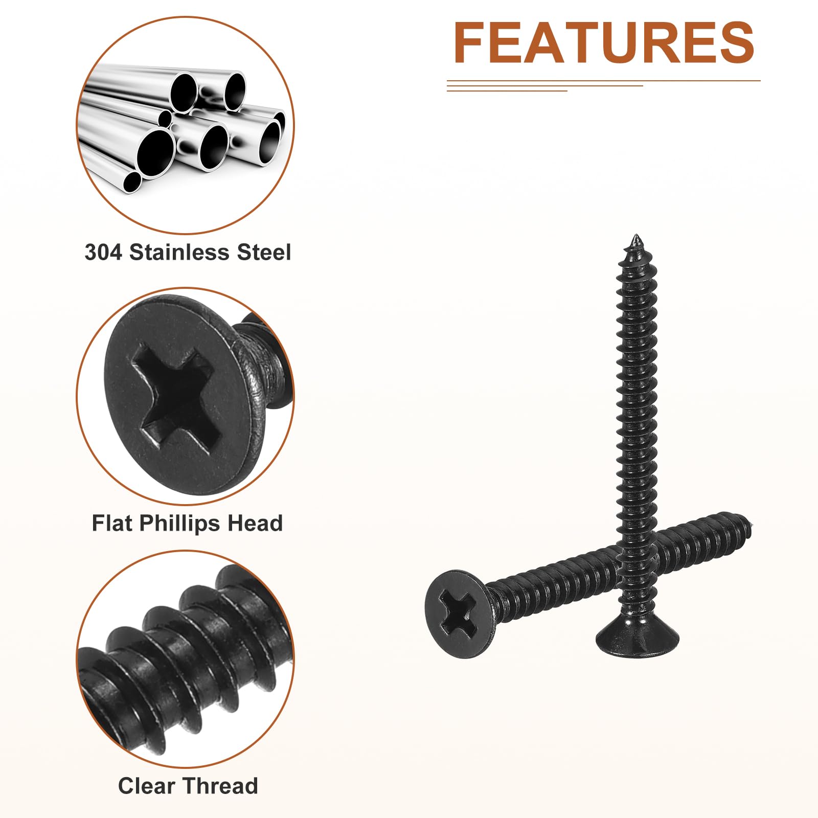 DTGN 100Pcs #6x1-1/2" Flat Head Wood Screws, 304 Stainless Steel Phillips Self Tapping Screws - Good for Woodworking Furniture - Black - Image 4