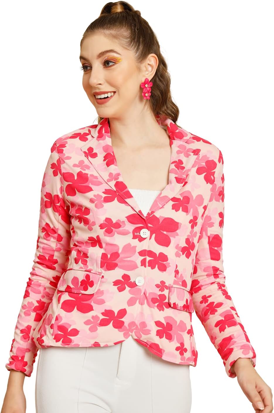 TandulWhite & Pink Casual Blazer for Women Single Breasted Regular Fit Casual Jacket for Women & Girls