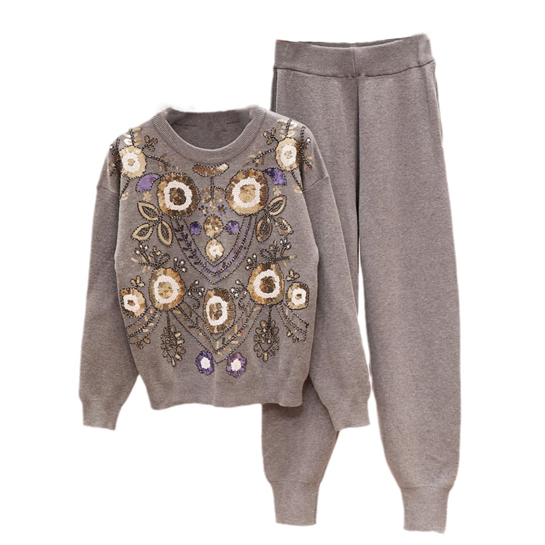 Womens 2-Piece Pant Set Floral Sequin Pullover Knit Sweater Top Pant Set Casual Activewear Set