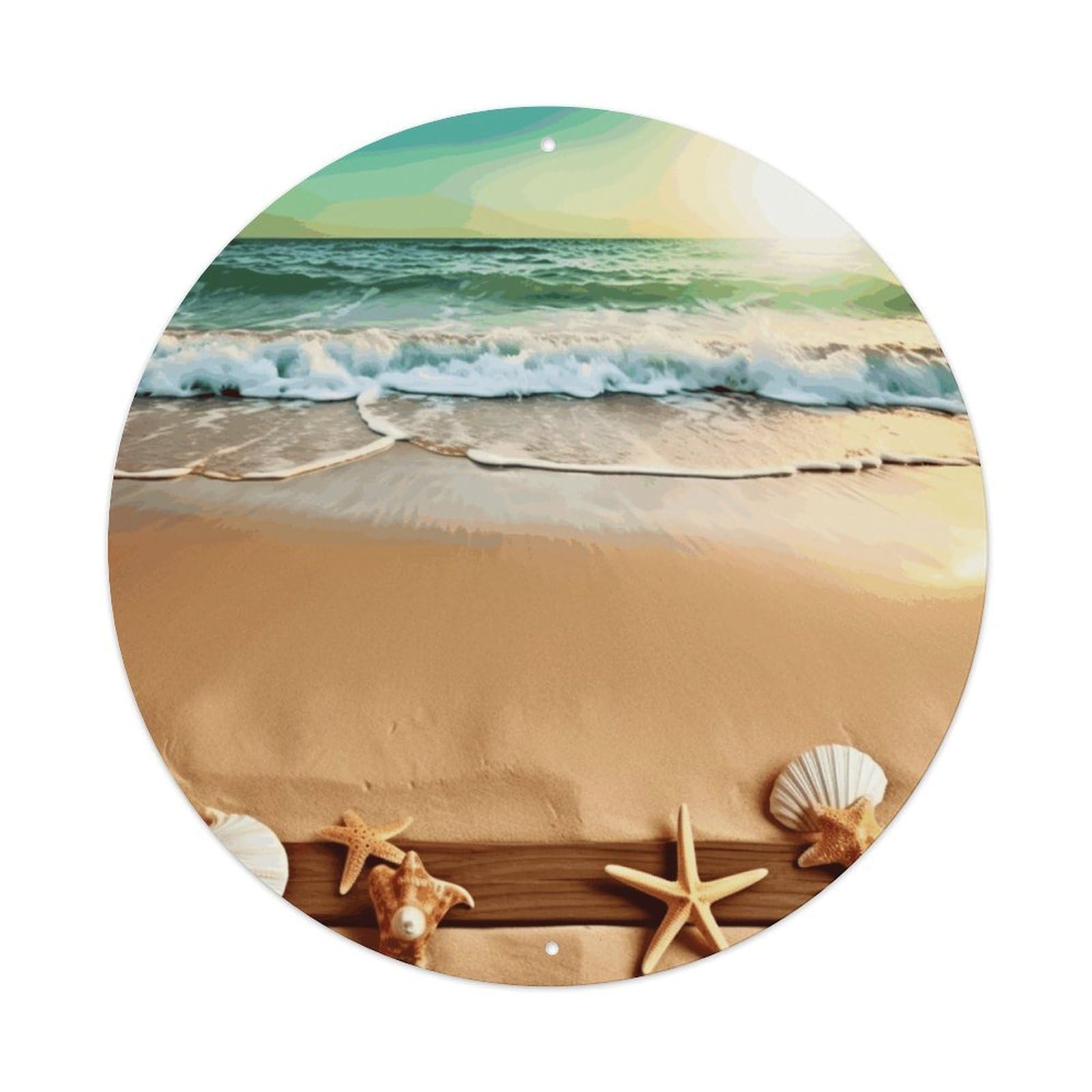 LZQPOEAS Ocean Beach Theme Round Aluminum Wall Art Sign, Metal Indoor Wall Decor with Holes, Durable Circular Aluminum Plaque for Home, Bar, Cafe, Living Room, And Office Decoration