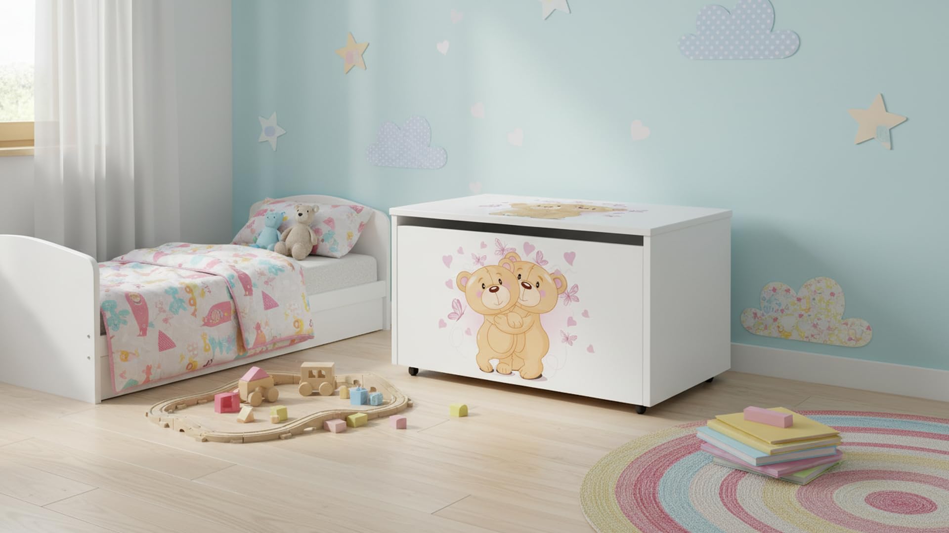 Baúl Infantil de Madera con Ruedas 71x40x46 cm y Tapa Seguridad