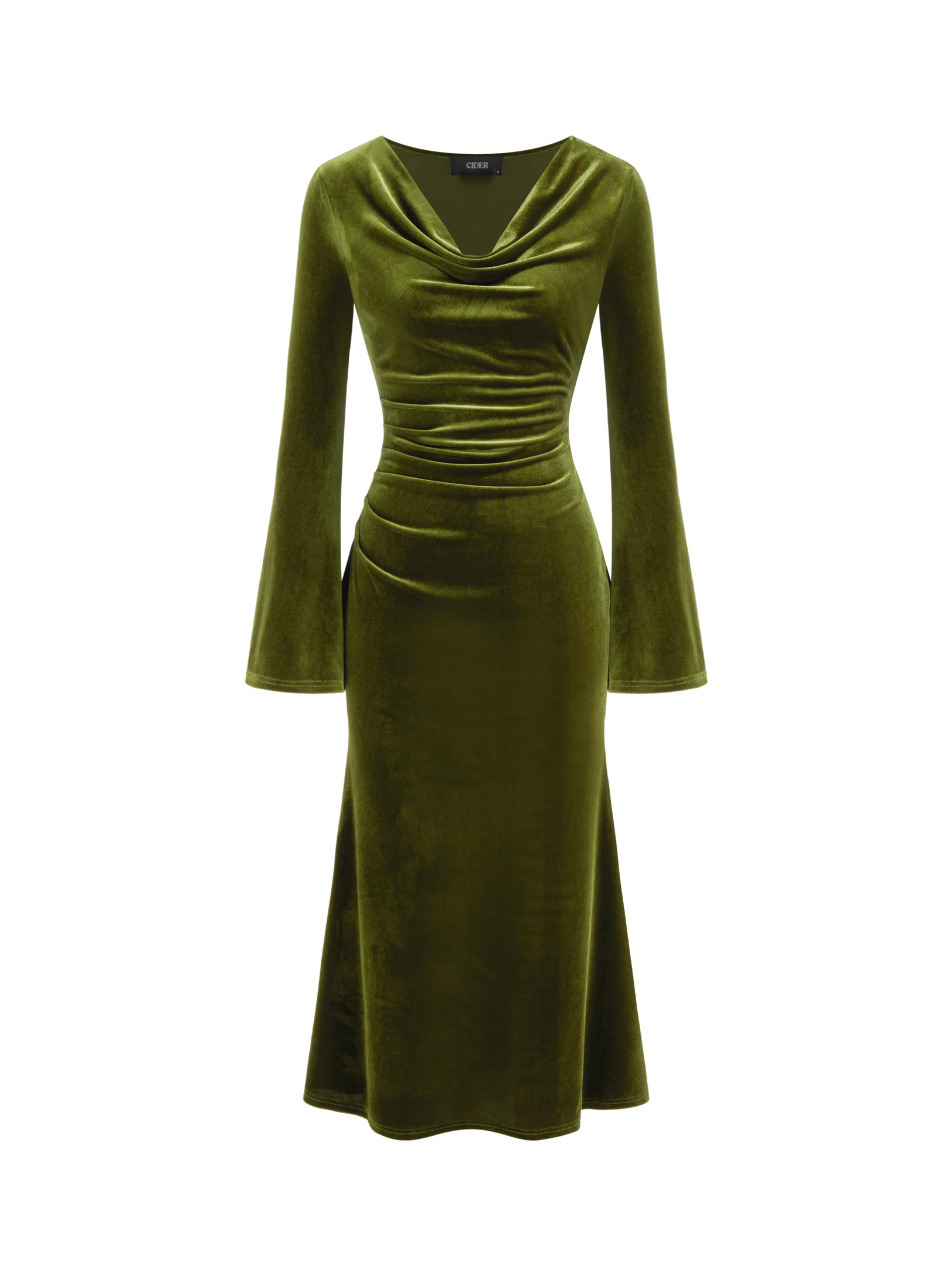 CIDER Velvet Dress Fall Wedding Guest Dresses for Women Long Belll Sleeve Cowl Neck Midi Cocktail Formal Dresses Trendy, Green, Small 