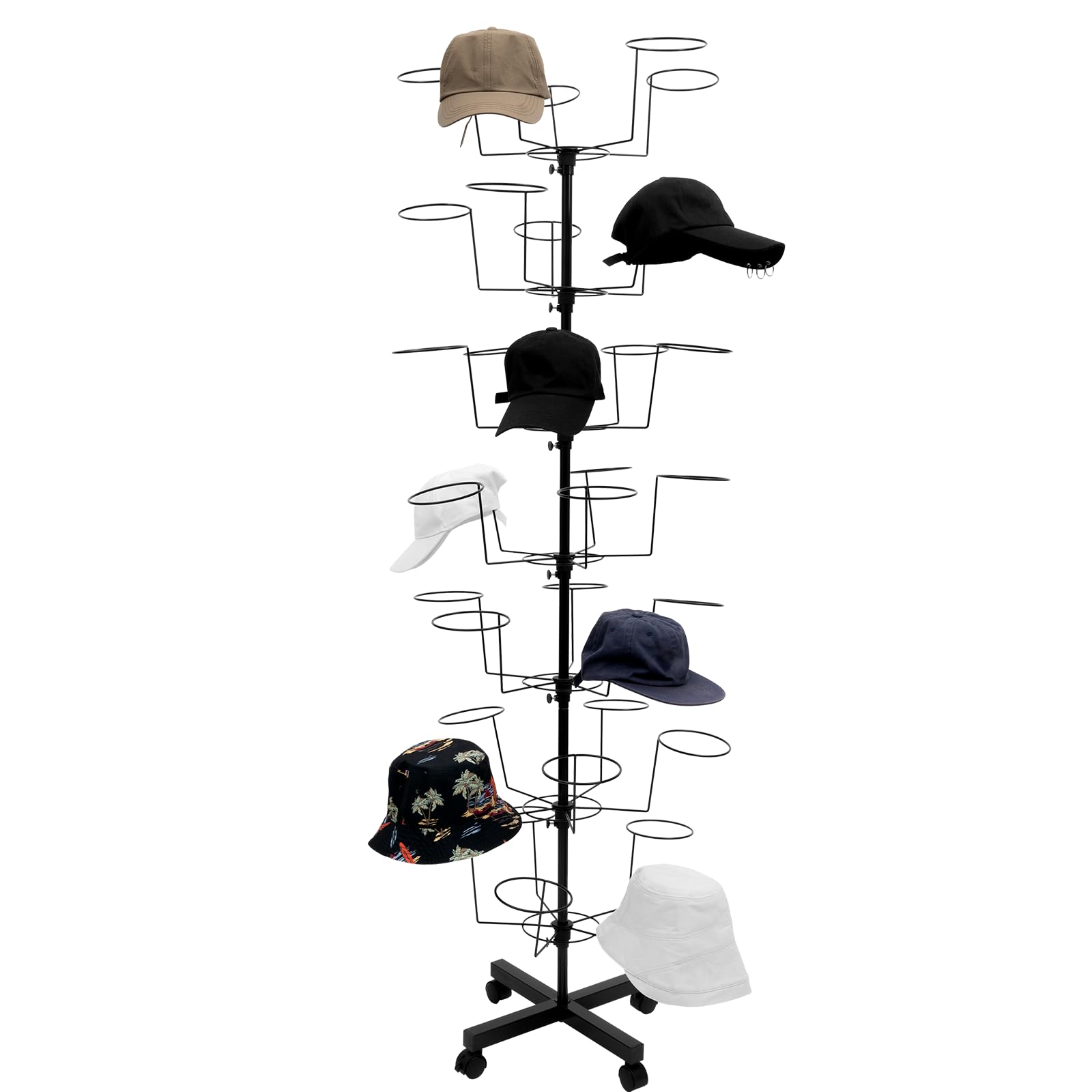Rotating Hat Stand 7 Tiers, Metal Display Rack With 35 Hooks, Cap Organizer With Wheels, Floor Standing Tower for Wig, Baseball Hat (Black)
