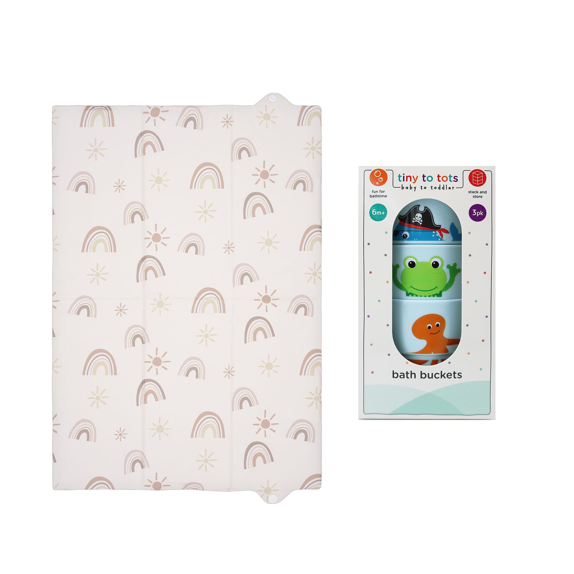 Baby Changing Mat, Wipe-Clean Changing for Newborns, Travel Changing Mat Plus Tiny to Tots Baby Bath Cups, Stackable Fill Up Buckets, 2 Piece Bundle Set
