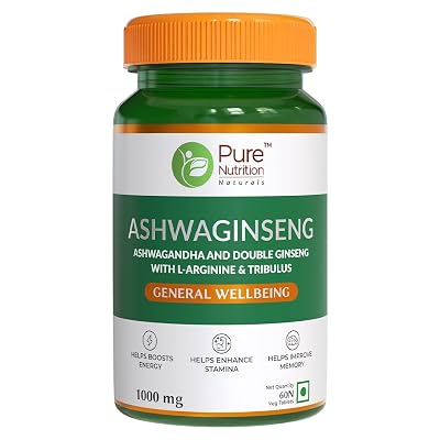 Pure Nutrition Ashwaginseng - 60 Veg Tablets | Power of Ashwagandha, Double Ginseng, L-Arginine & Tribulus | Boosts Ener