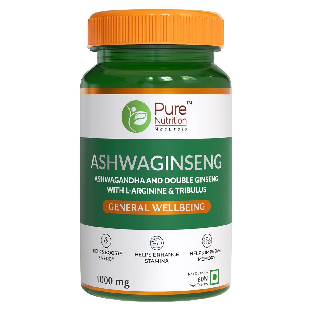 Pure Nutrition Ashwaginseng (1000mg) - 60 Veg Tablets | Power of Ashwagandha, Double Ginseng, L-Arginine & Tribulus | Boosts Energy, Stamina & Vitality | Supports Stress Relief, Wellness & Performance