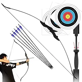 Kit Arco de Resina de Nylon 40lbs Ambidestro Profissional + 5 Flechas de Fibra de Vidro com Ponta de Alumínio + 3 Alvos 40x40 Para Treino Tiro ao Alvo