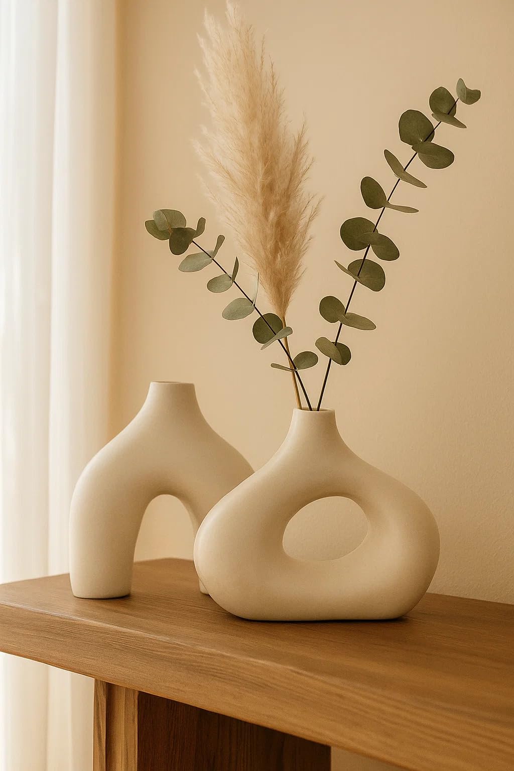 SPHINX Ceramic Abstract Vase Set of 2 (7.5 & 5 Inch) | Nordic Minimalist Hollow & Arch Shaped Vases for Home, Table, Shelf, Office & Boho Decor | Matte Beige Modern Decorative Potter-image-20
