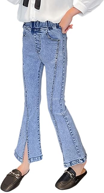 Rolanko Girls Skinny Flared Stretchy Jeans, Elastic Waist Ripped Vintage Jeggings Slim for Kids, Blue Split, Size:130