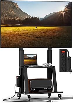 Mobile TV Cart with Power Outlet, Rolling TV Stand on Wheels for 32 to 65 70 75 83 inch TV, Height Adjustable,Holds up to 130LBS, Vesa 600400mm.
