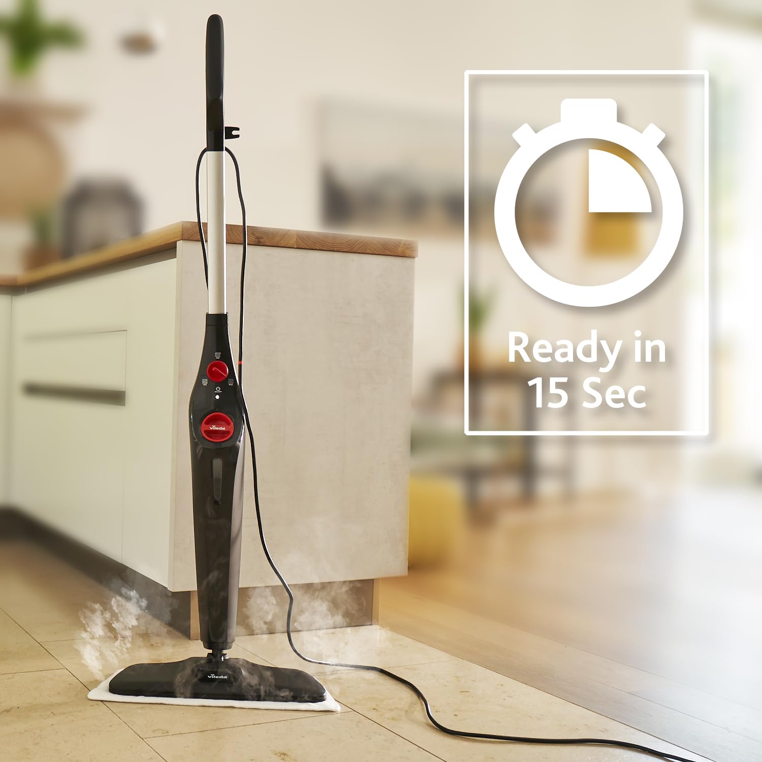 Vileda Steam Plus XXL Dampfreiniger | Hygienischer Bodenreiniger mit PowerPad und 2 Mikrofaserbezügen - Für große Flächen, Fliesen, Laminat & Parkett | Aufheizzeit: 15 Sekunden | Comfort-Pack