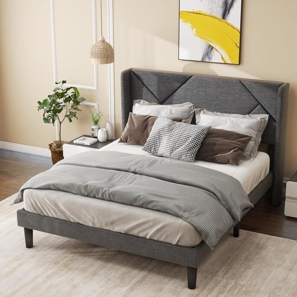 Image of Wooden Modern Upholstered King Size Bed for Bedroom | Wooden Double Bed Without Storage | Platform Cot Upholstered Bed with Upholstery Fabric | Engineered Wood | 6.5 x 6 Ft | Grey Silas