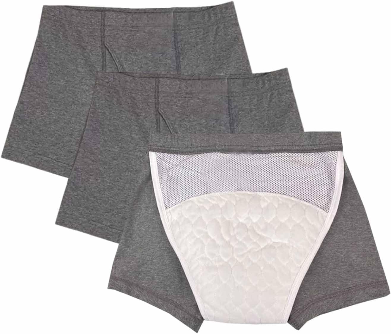Men's Incontinence Boxer Briefs - 3 Pack, Leak-Proof & Absorbent (150ml) - Washable & Reusable Urine Leakage Underwear for Active Men, Elderly Care, and Post-Surgery Use (Grey, Medium)
