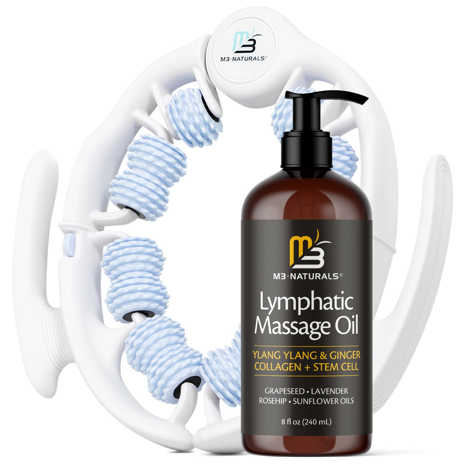Lymphatic Massage Oil & Roller Kit for Massage Therapy - Ylang Ylang & Ginger Lymphatic Drainage Oil & Massager for Circulation & Detox Support, Non-Greasy Formula & Easy to Use Roller (8 Fl Oz) by M3