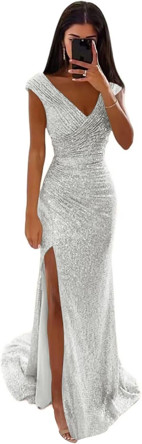 LORIE V Neck Sequin Prom Dresses 2026 Sparkly Long Mermaid Formal Party Evening Gown with Slit