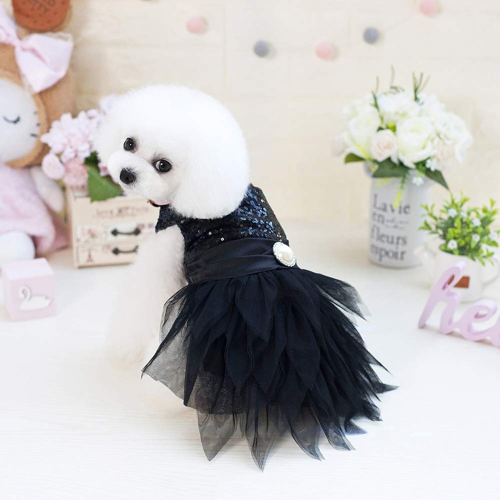 Tangpan Beam Waist Christmas Pet Costume Dog Dance Skirt Satin Camp Party Dress(Black,L)