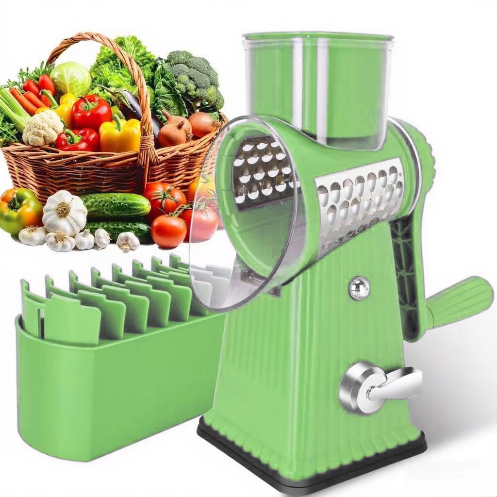 Rotary Cheese Grater with 5 Well-designed Blades &amp; Strong Suction Base, Kitchen Mandoline Vegetable Slicer with Blade Storage Box (GREEN)