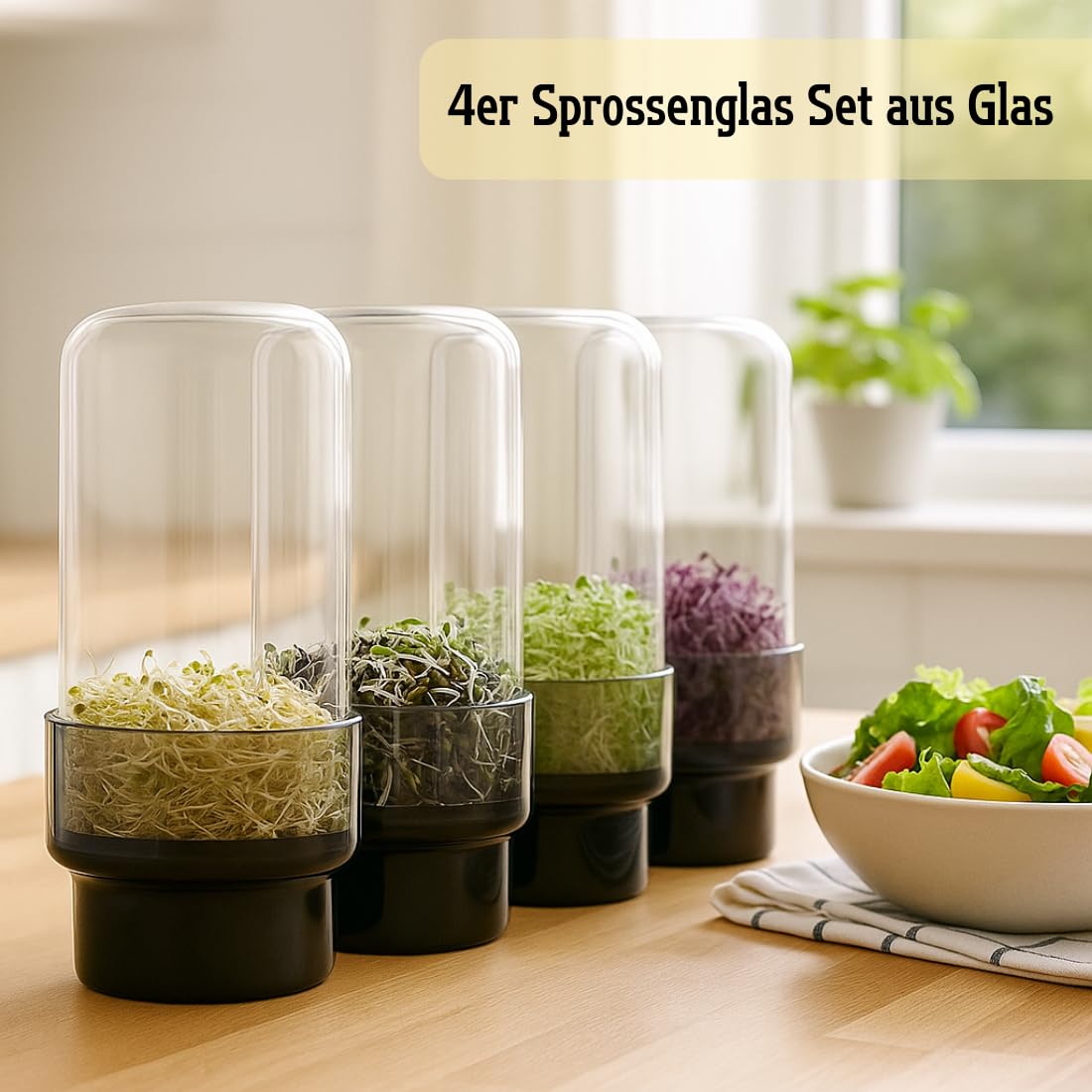 Design Sprossenglas 750ml - 4er Sprossen Anzuchtset-Keimglas für Sprossen aus Glas mit Edelstahldeckel/Sieb, Anzuchtset inkl. Spülbürste. (Sprossenglas 4er Set, 4.0, stück)