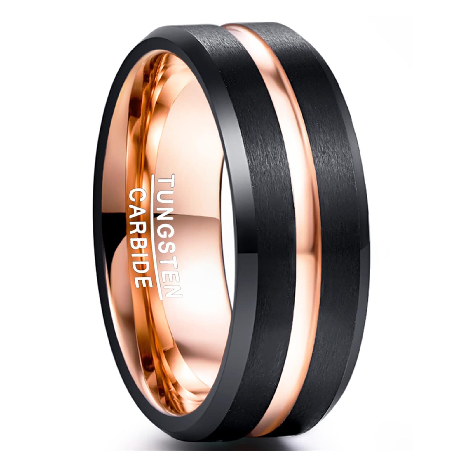 NUNCAD Anillo Hombre Mujer Unisexo Tungsteno dibujo Anillo Sencillo/Anillo elegante/Anillo Acuerdo Oro rosa + Negro 8mm Tamaño <16.5>