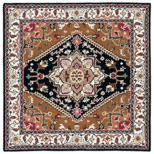 SAFAVIEH Heritage Collection Area Rug - 4' Square, Navy & Brown, Handmade Traditional Oriental Wool, Ideal for High Traffic Areas in Living Room, Bedroom (HG625T)