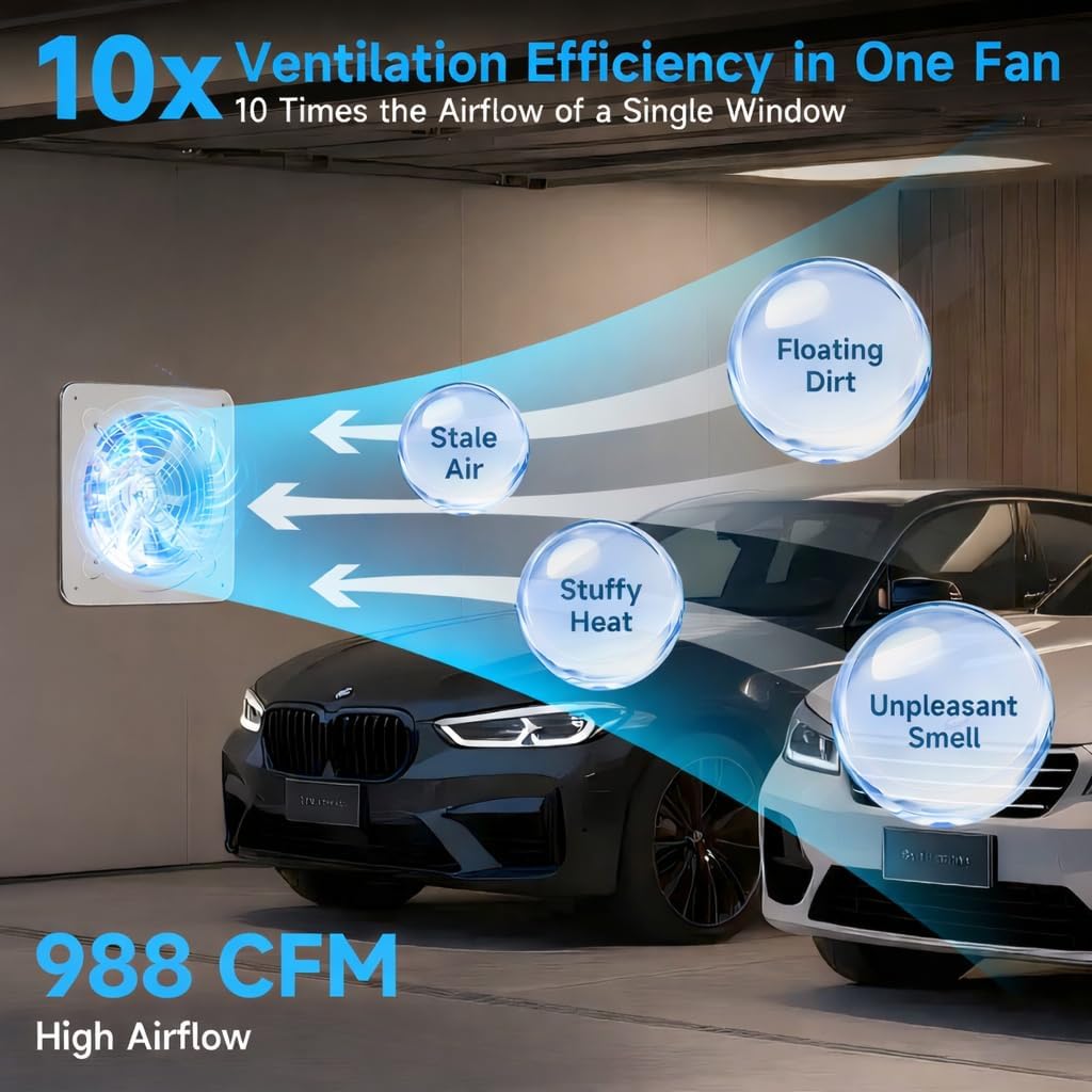 Voltset 10-Inch Industrial Exhaust Fan, 988 CFM Vent Fan for Garage with Power Cord Plug-in & Switch, Powerful Shop Ventilation, Fume Extractor Fan for Greenhouse Shed Smoking house, Silver