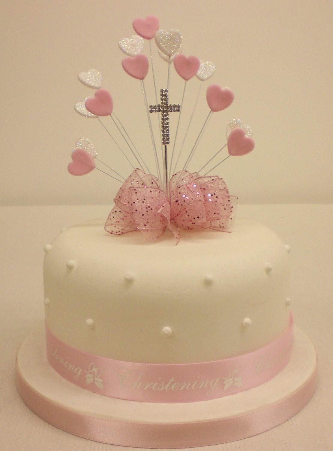 The Cake Emporium Ltd Baby Pink Cake Decoration Heart Burst Pink - Christening, Diamante Cross Cake Topper