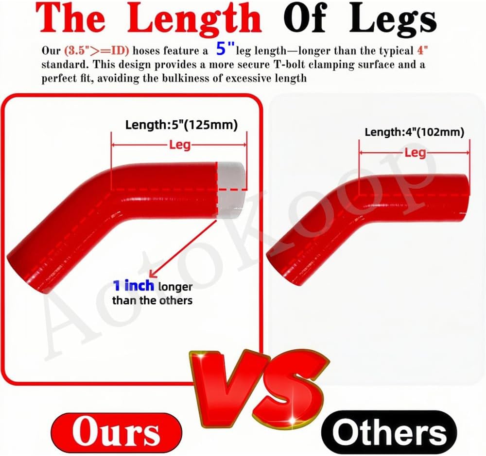 2.5" to 3.5" (63 to 89mm) ID 45 Degree Silicone Reducer Coupler, 5" (125mm) Long Leg for Turbo Intake, 4-Ply Reinforced with 2 T to Bolt Clamps, Red