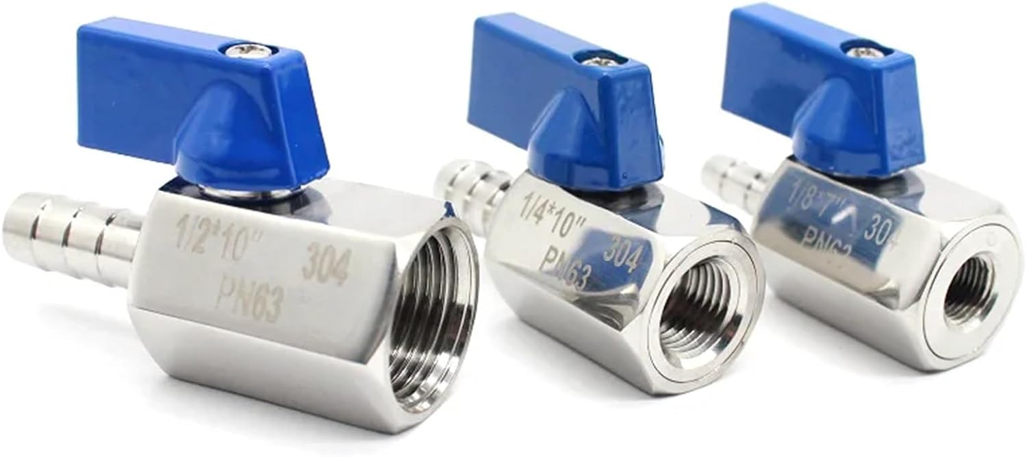 1pcs Female Blue MINI Ball valve SS304 1/8-1/4-3/8-1/2-3/4 to 7mm-8mm-10mm-12mm-14mm-16mm-18-20mm Pagoda adapter 2 way ball valve BSPT(1I2inchX14mm 133g)